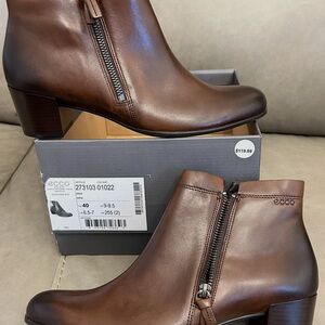 Ecco Women's Brown Leather Side-Zip Block Heel Booties